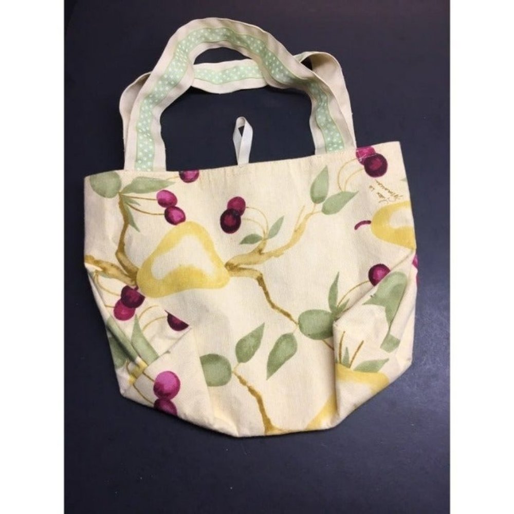 Cloth Tote Purse Bag Yellow Pears Red Cherries Green Leaves Brown Star Button